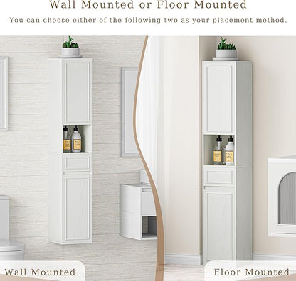 Tall Bathroom Storage Cabinet, Wall Mounted or Floor Mounted,Narrow Slim Wall Cabinet with 2 Door, 1 Drawer, Open Shelf for Living Room, 11.81" D x 11.81" W x 65" H (Line White, 2 PCS)
