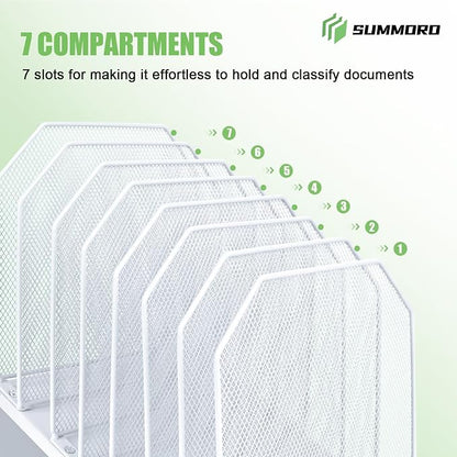 SUMMORO Inclined File Organizer for Desk, 7-Tier Vertical File Folder Holder Office Desk Organizer Metal Rack File Wire Mesh Desktop Document Sorter for Office School Classroom Home (White)