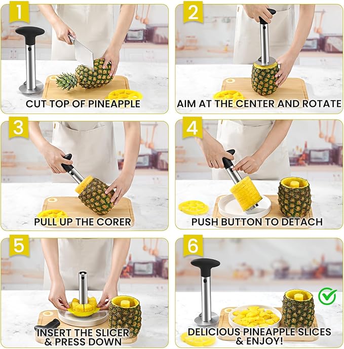 CUNSENR Premium Pineapple Corer and Slicer Tool - Pineapple Cutter with Sharp Serrated Tips - Easy to Use & Clean - Stainless Steel Core Remover for Pineapple - Slice and Core Fruits with Ease(Black)