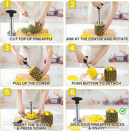 CUNSENR Premium Pineapple Corer and Slicer Tool - Pineapple Cutter with Sharp Serrated Tips - Easy to Use & Clean - Stainless Steel Core Remover for Pineapple - Slice and Core Fruits with Ease(Black)