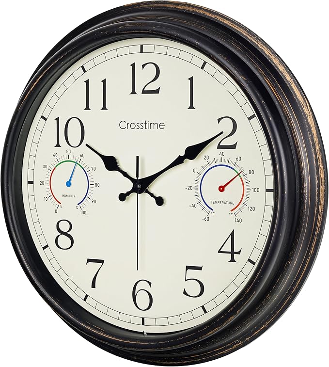 16 Inch Waterproof Outdoor Clock with Thermometer & Hygrometer Combo – Bronze Retro Vintage Decor Indoor Outdoor Wall Clocks for Patio, Pool, Backyard, Garage
