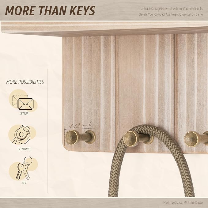 Rebee Vision Farmhouse Key Holder Wall Mount - Key and Mail Holder for Wall with Mini Floating Shelf and 4 Key Hooks - Perfect for Apartment Essentials (Natural Wood)