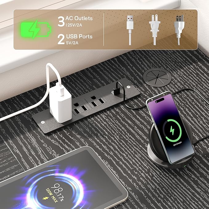 L Shaped Desk Gaming Desk with Power Outlets & 0.95 Inch Thicker Desktop, Computer Desk with Storage Bag, Corner Desk with LED Lights, Reversible Office Desk for Home, Living,Bedroom, Black
