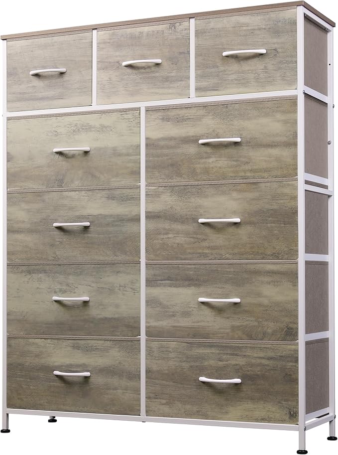 Tall Console Table with 11 Fabric Drawers, Entryway Table with Storage, Tall Storage Organizer with Wood Top, Steel Frame for Living Room, Hallway, Office, Greige