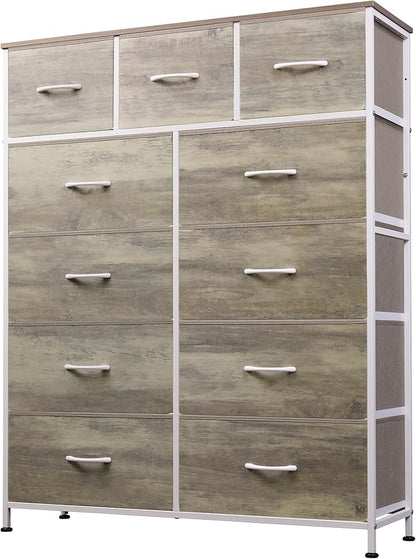 Tall Console Table with 11 Fabric Drawers, Entryway Table with Storage, Tall Storage Organizer with Wood Top, Steel Frame for Living Room, Hallway, Office, Greige