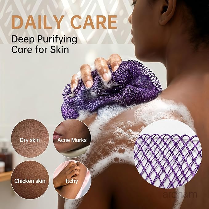 ARCH&M African Net Sponge Authentic, Shower Back Scrubber, Black, 2 Pack | 53" Extra-Long, Quick-Dry, Exfoliating Shower Loofah, Soft Mesh for All Skin Types, For Women and Men
