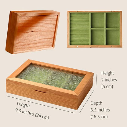 Wooden Jewelry Box for Women, Medium Size Natural Solid Cherry Wood Vintage Trinket Organizer with Large Storage, Ring Compartments, Built in Necklace Hooks, Glass Lid, ek06-m-cherry