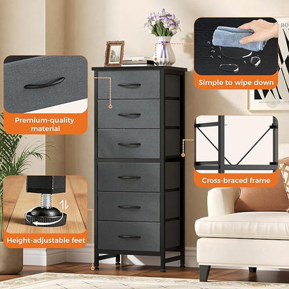 Sweetcrispy Tall Fabric Dresser for Bedroom, 6 Drawer Skinny Chest of Drawers, Narrow Storage Tower with Wood Top and Metal Frame, Vertical Nightstand for Closet, Bedroom Organization Furniture, Grey