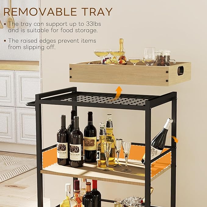 3 Tier Kitchen Cart, Rolling Bar Cart for Tea, Coffee, Liquor, and Drink Service with Removable Serving Detachable Server, Natural Oak