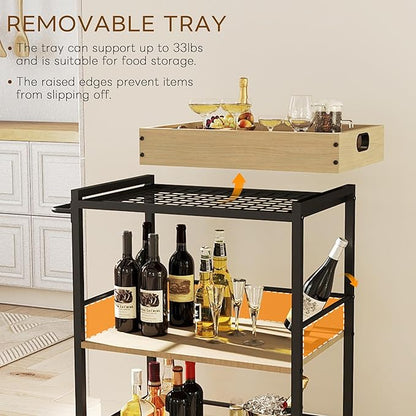 3 Tier Kitchen Cart, Rolling Bar Cart for Tea, Coffee, Liquor, and Drink Service with Removable Serving Detachable Server, Natural Oak