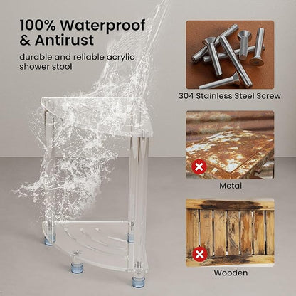 Sumerflos Acrylic Corner Shower Stool for Inside Shower, Clear Small Shower Bench for Shaving Legs Seating Waterproof Heavy Duty Assemble Modern (Clear, 11.81" D x 11.81" W x 18.11" H)
