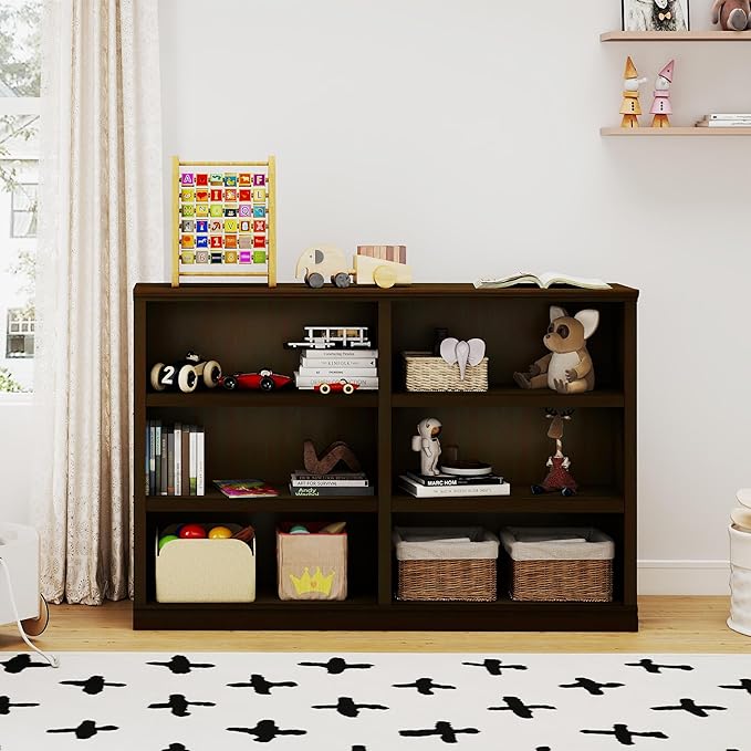 blini Bookshelf Double Wide 64 in 3-Tier 6 Cube Storage Organizer Wooden Bookcase for Bedroom and Home Office Decor Display