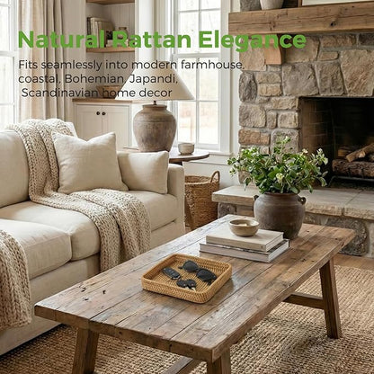Rattan Serving Tray, Square Woven Storage Basket, Wicker Baskets for Organizing, Natural Wicker Decorative Serving Baskets for Organizing Tabletop Bathroom Kitchen Counter Square