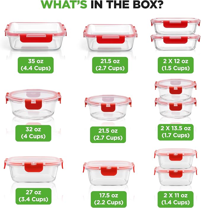 NutriChef 24 Piece Glass Food Storage Containers with Lids - Airtight Glass Meal Prep Containers, Bento Lunch Boxes, Hinged Lock Lid, For Meal Prep, Kitchen Storage, Freezer (12 Containers & 12 lids)