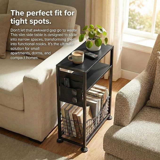 Skinny Side Table with Storage, 3 Tier Slim Side Tables for Small Spaces, Skinny End Table Narrow Bedside Table Narrow Side Table for Living Room, Bedroom