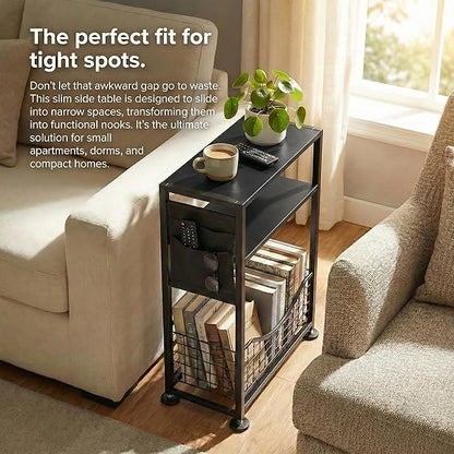 Skinny Side Table with Storage, 3 Tier Slim Side Tables for Small Spaces, Skinny End Table Narrow Bedside Table Narrow Side Table for Living Room, Bedroom