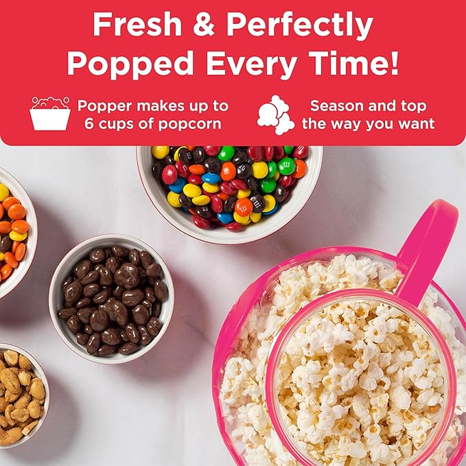 Ecolution Patented Micro-Pop Microwave Popcorn Popper with Temperature Safe Glass, 3-in-1 Lid Measures Kernels and Melts Butter, Made Without BPA, Dishwasher Safe, 1.5-Quart, Pink
