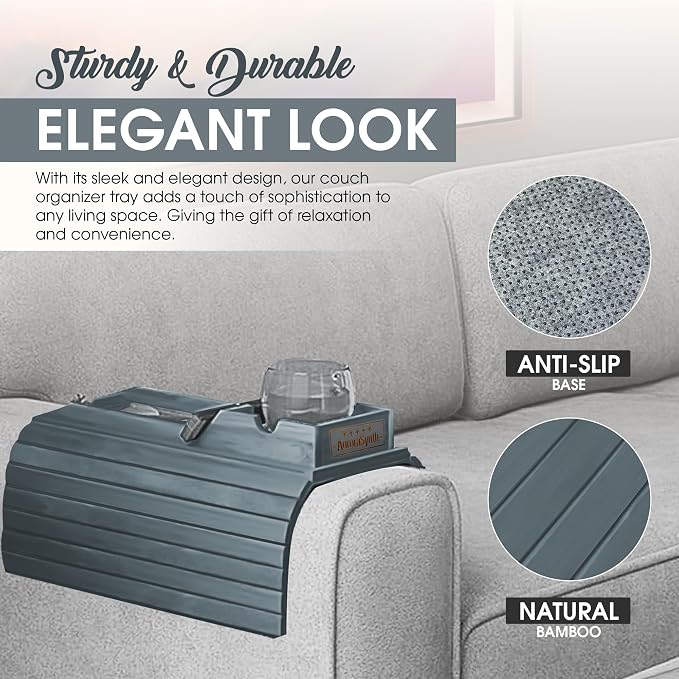 Couch Cup Holder Tray with 2 Cork Coasters, Couch Arm Tray, 2 in 1 Anti-Slip Foldable Sofa Arm Tray, Couch Armrest Table, Anti-Spill Couch Arm Table for Drinks TV Remote Cellphone Snacks (Grey)