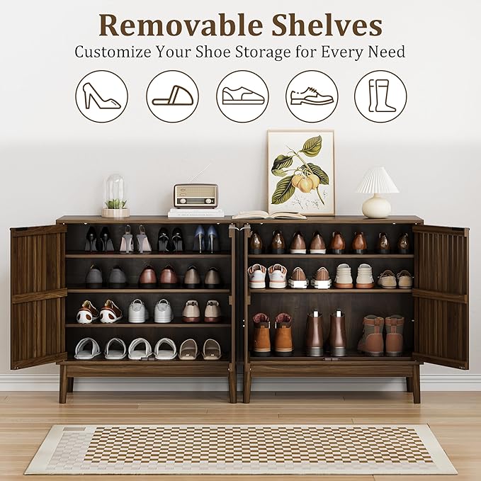 Shoe Cabinet with Slatted Doors, 4-Tier Freestanding Shoe Cabinet Storage for Entryway, Narrow Entryway Shoe Organizer Cabinets with Shelves (Walnut, 31.5" Wide)
