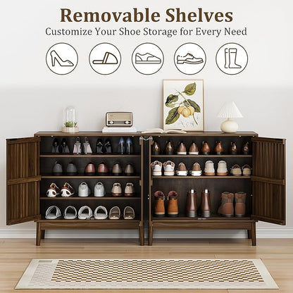 Shoe Cabinet with Slatted Doors, 4-Tier Freestanding Shoe Cabinet Storage for Entryway, Narrow Entryway Shoe Organizer Cabinets with Shelves (Walnut, 31.5" Wide)