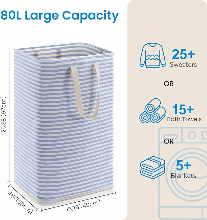 efluky Slim Laundry Basket, Narrow Laundry Hamper with Handles, Collapsible Dirty Clothes Hamper, Tall Laundry Bin for Laundry Room, Dorm and Bedroom, 80L, Striped Blue