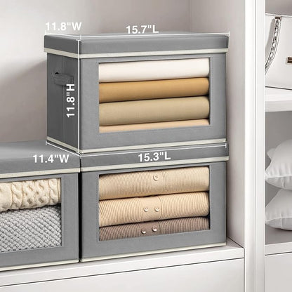 Homsorout Storage Bins with Lids, 3 Pack Large Storage Cubes with Window, Closet Bins with Lids & Handles, Fabric Box for Organizing Clothes, Towels, Books, Grey