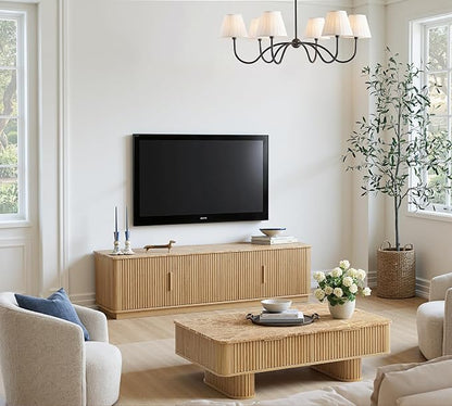 win2win Fluted Coffee Table with Storage, Boho Modern Coffee Table with Faux Marble Top, Minimalist Rectangle Center Table with Sculptural Pedestal Legs & Drawers for Living Room, Office, Oak