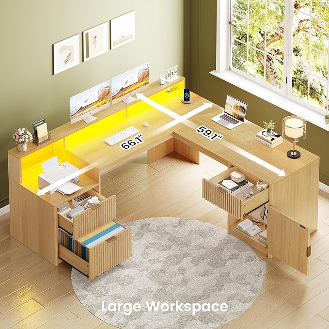 SEDETA 66" Modern L Shaped Desk with Drawers, Fluted Home Office Desk with File Cabinet and Printer Shelf, Wood Executive Desk with Monitor Stand, Power Outlets, Led Lights, Oak