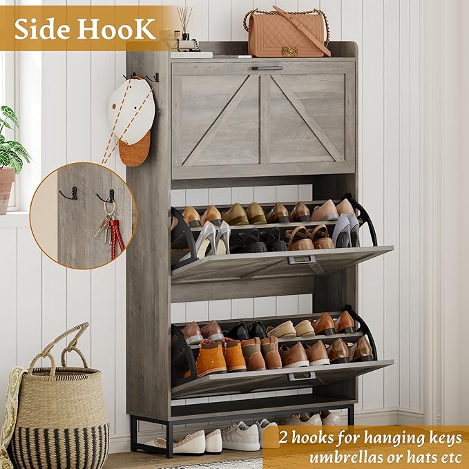 Shoe Cabinet Storage for Entryway, Shoe Storage Cabinet with 3 Flip Drawers, Freestanding Narrow Shoe Rack Organizer with Metal Legs for Foyer, Hallway, Grey