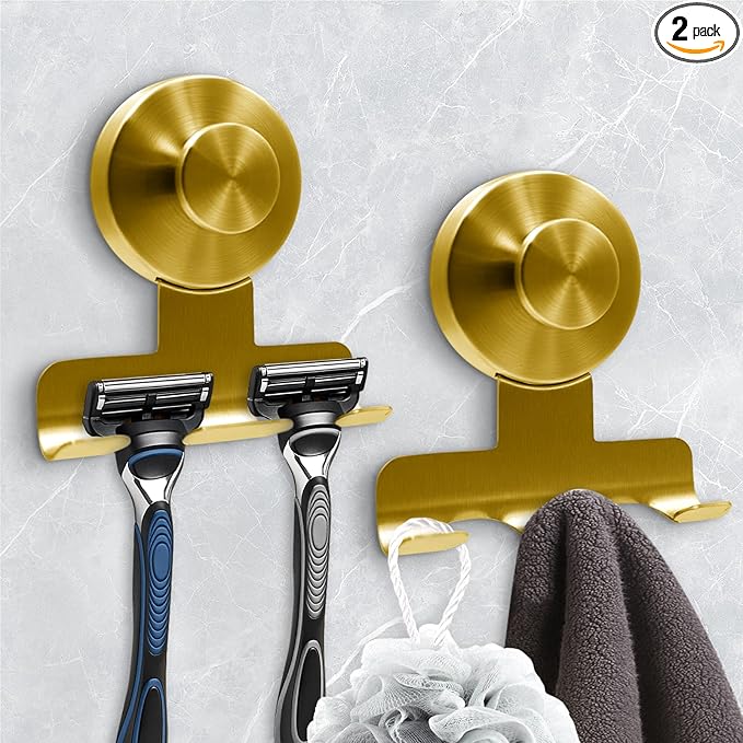 Suction Cup Razor Holder for Shower,Heavy-Duty 7KG Suction Hooks for Razor,Towel,Loofah,Removable Damage-Free Metal Shower Hook,Shaver Holder,2 Pack(Brushed Gold)
