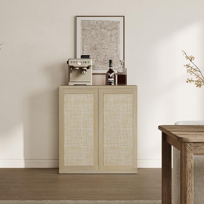 SICOTAS Rattan Sideboard Cabinet with Storage - Large Boho Coffee Bar Cabinet with Doors & Adjustable Shelves, Farmhouse Buffet Console Table Credenza Stand for Living Room, Kitchen, Entryway