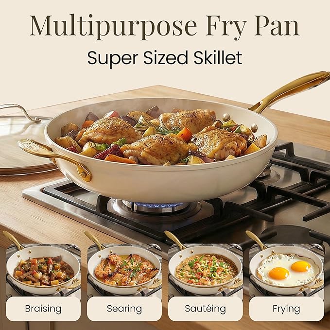 GOTHAM STEEL 14 Inch Frying Pan with Lid, Ceramic Nonstick Skillet, Non Toxic PFOA PFOS Free, Extra Large for Family, Dishwasher & Oven Safe 500°F, Cream