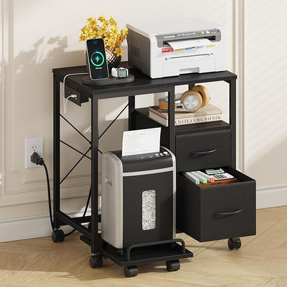 YAOHUOO Printer Stand with Power Outlet/Fabric Drawers, Printer Cabinet with Storage Shelf and Rolling Shredder Stand, Printer Table for Home Office, 22.8"×15" Black