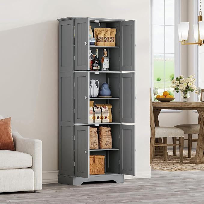 ChooChoo Tall Bathroom Storage Cabinet with 6 Doors, Freestanding Floor Cabinet with Adjustable Shelves, Grey Pantry Cabinet for Bathroom, Kitchen, Laundry Room