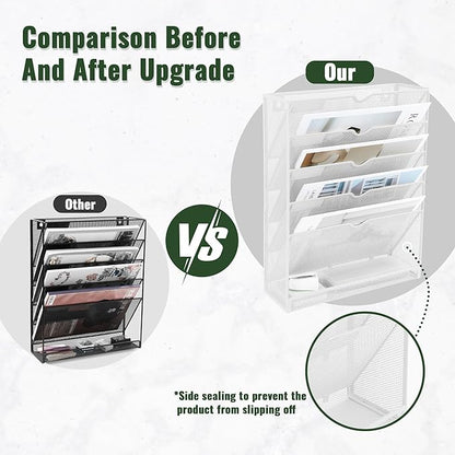 EASEPRES 6 Tier Mesh Hanging Wall File Organizer, Desk Vertical Mail Paper Document Folder Holder Rack with Bottom Tray and Nametag Label for Office Home School, White