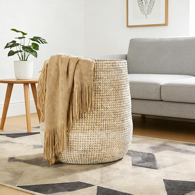 Laundry Hamper Basket 2-Pack - Natural Seagrass Handmade Storage Hamper with Lid, Removable Washable Liner, Storage Basket for Clothes Toys, Decorative Organizer for Bedroom, Bathroom, Living Room