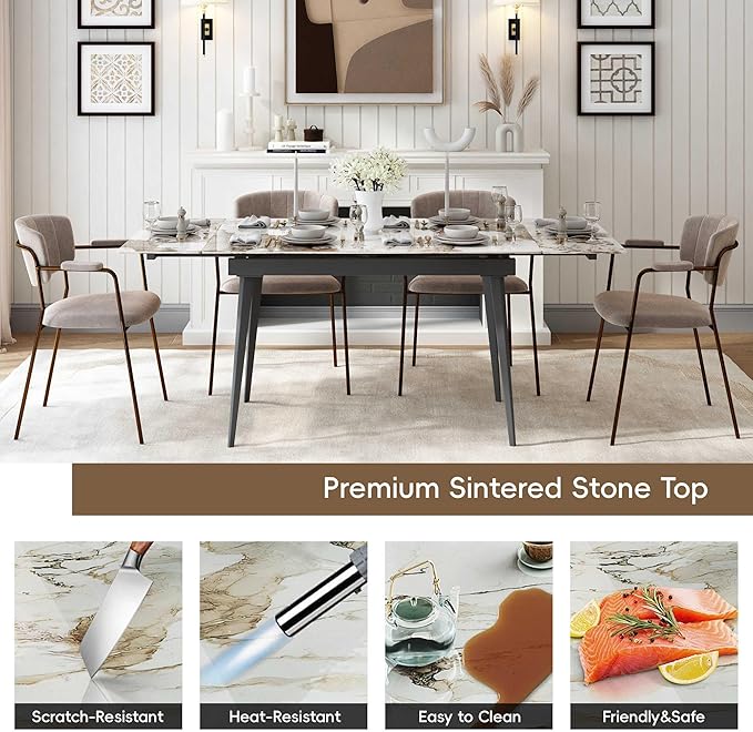 Honyee Extendable Rectangular Dining Table, 47–71 Inch Expandable Kitchen & Dining Room Table for 4–8, Easy-Clean Marble-Look Sintered Stone Top, Modern Dining Table for Small Spaces