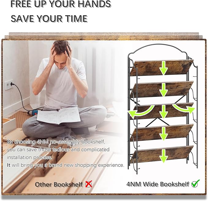 4NM No Assembly Extra Wide Folding Bookshelf for Living Room, 5 Tiers Collapsible Book Shelves Open Industrial Foldable Bookcase Storage Shelf for Home Office - Rustic Brown Black
