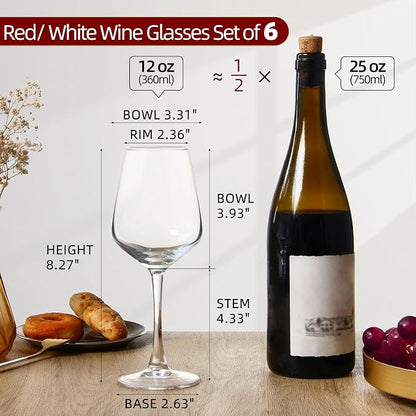 SHYRC Wine Glasses Set of 6, 12oz Clear Red/White Wine Glasses, Long Stem Glasses for Party, Wedding and Home