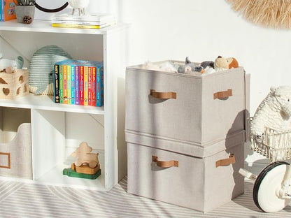 StorageWorks Fabric Storage Bins with Lid, Decorative Storage Boxes for Shelves, Stackable Closet Organizer Basket with Handles, Jumbo, Brown and Beige, 2-Pack
