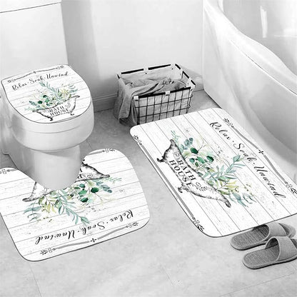 Nkzply 4 Pcs Farmhouse Shower Curtain Rustic Bathroom Sets with Shower Curtain and Rugs Floral Shower Curtain Set Green Leaves Bathroom Decor Vintage Bathroom Rugs Set Toilet Lid Cover Hooks