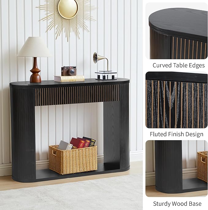 42.5” Console Table with 2 Drawers, Fluted Entryway Table with Rounded Corners, Rectangular Sofa Table Behind Couch for Living Room, Hallway, Foyer (Black)