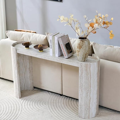 53" Console Table for Entryway, Narrow Sofa Entrance Table with Faux Mars Marble Pattern, Modern Sofa Tables with Round Raised Edge Design for Living Room, Hallway, Foyer, Home Office, Beige