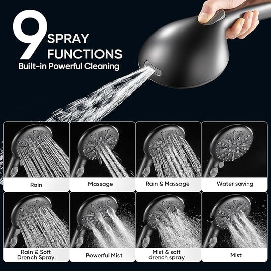 Cobbe 9-Function Shower Head with Built-in Power Spray, 1.8 GPM Water Saving ON/OFF Toggle Switch, High Pressure Handheld Showerhead with 1-Click Pause Button, Brass Bracket & 6ft Hose, Matte Black