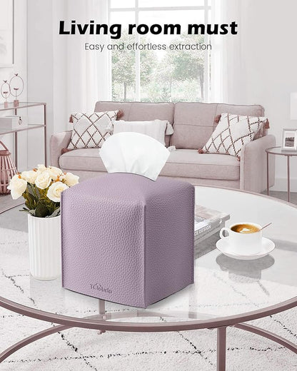 Tissue Box Cover for PU Leather, Modern Simple Solid Color Holder Square Tissue Bag, Ideal for Bathrooms,Office,Car,Nightstand,Outdoor Tent,Dining Table,5"X5"X5", Double Purple
