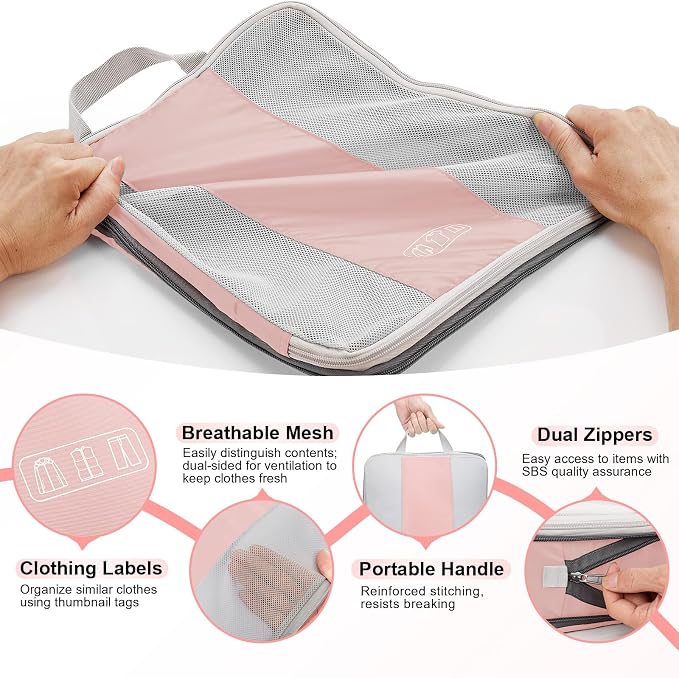 8 Set Compression Packing Cubes for Travel Essentials,Compressible Expandable Packing Cubes for Suitcase,OlarHike Luggage Garment Bags for Travel,Handy Helper for Organizing Clothes(Pink)