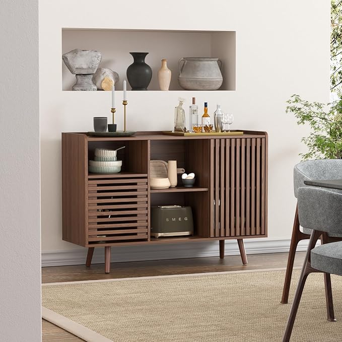 47.2" Buffet Cabinet with Storage, Mid-Century Sideboard Coffee Bar Cabinet with Sliding Door for Living Room, Dining Room, Kitchen, Hallway, Walnut