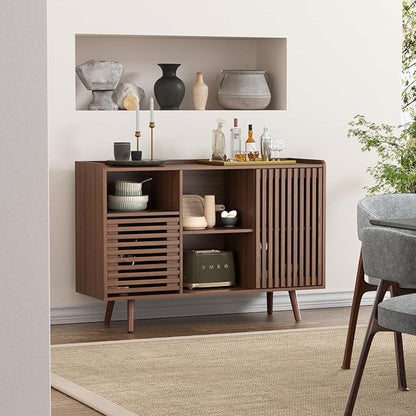 47.2" Buffet Cabinet with Storage, Mid-Century Sideboard Coffee Bar Cabinet with Sliding Door for Living Room, Dining Room, Kitchen, Hallway, Walnut
