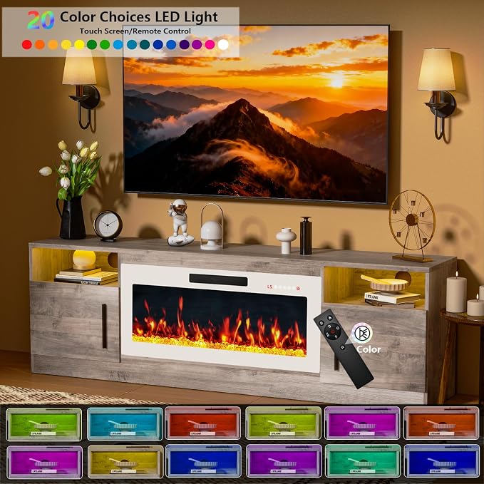 PRETZI Fireplace TV Stand with 36" Fireplace Up to 80" TVs, 70" Entertainment Center with LED Lights,Remote Control, TV Media Console with Storage Cabinets for Living Room,White+Grey