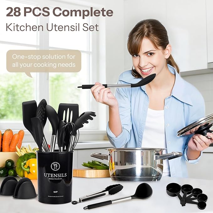 NCUE Silicone Cooking Utensils Set, 28 Pcs Kitchen Utensils Set 446°F Heat Resistant Spatula Set, Food Grade Silicone and Stainless Steel Handle Kitchen Gadgets for Nonstick Cookware BPA Free